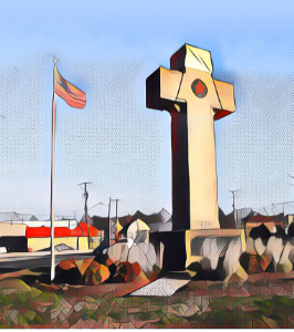 courts-giant-cross Illustration of a giant cross next to an American flag on a pole