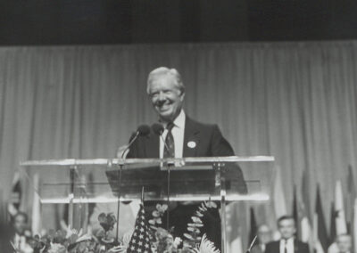 Former President Jimmy Carter speaks July 4, 1985, at the Baptist World Congress in Los Angeles. Photo courtesy of the Virginia Baptist Historical Society. “No matter what our profession, it is neither possible nor proper to divorce our commitment to Christ from the routine duties of our working day,” he said during his address. “I have often been asked, ‘How have you dealt with the many incompatibilities between politics and religion?’ You may be surprised at my answer: I have never been faced with any serious conflicts between my duties as a Christian and my oaths to honor the Constitution and laws of the state and country that I served.”