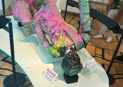 The bronze statue of Jefferson Davis, which was created in The Valentine Museum and stood in Richmond from 1907 until it was taken down by protesters in 2020, is displayed in the museum in its toppled state, complete with the paint thrown on it and torn pieces of toilet paper still around the collar.